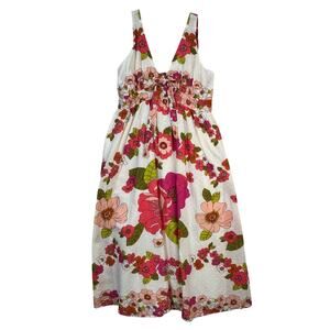Anthropologie Love the Label Rosette Midi Dress White Cotton Pink Florals Medium